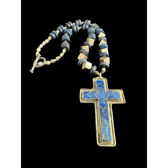 Vintage Lapis Lazuli Cross Necklace Silver Plated Geometric Beads Dangle Ethnic - Picture 2 of 7